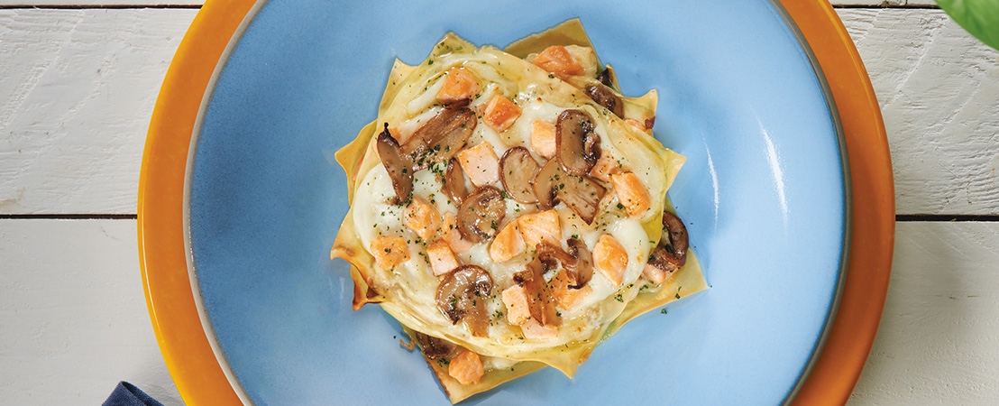 Millefoglie con salmone e Funghi Portobello