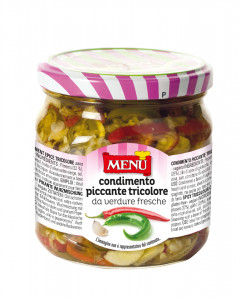 Condimento piccante tricolore - Spicy tricolour sauce Glass jar 390 g nt. wt.