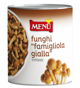 Funghi Famigliola gialla trifolati - Yellow Family mushrooms with garlic, oil and parsley Tin 800 g nt. wt.