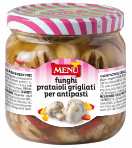 Funghi prataioli grigliati per appetisers - Grilled Button Mushrooms for Appetisers Glass jar 760 g nt. wt.