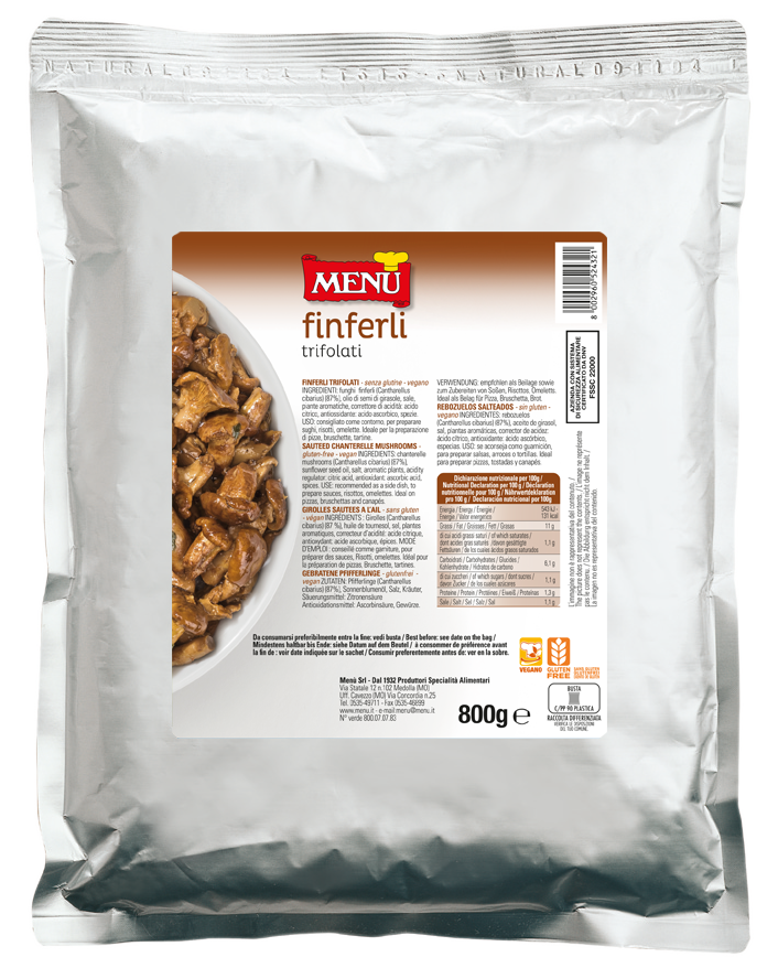 Solofungo Finferli Trifolati - Solofungo Chanterelle mushrooms sauteed with oil, garlic and parsley Bag 800 g nt. wt.