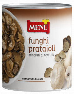 Prataioli trifolati al tartufo - Button mushrooms with truffles in oil, garlic and parsley Tin 790 g nt. wt.