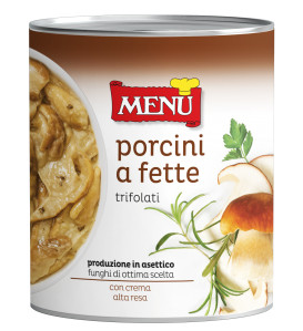 Porcini a fette trifolati in asettico - Sliced porcini mushrooms sauteed with olive oil, garlic and parsley processed under aseptic technology Tin 780 g nt. wt.