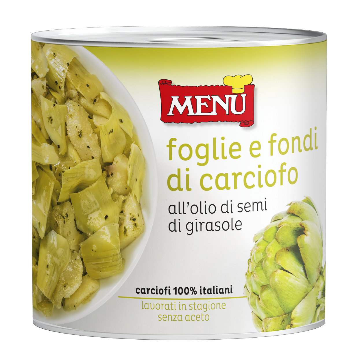 Foglie e fondi di carciofo in olio di semi di girasole - Artichoke leaves and bottoms in sunflower seeds oil Tin 2500 g nt. wt.