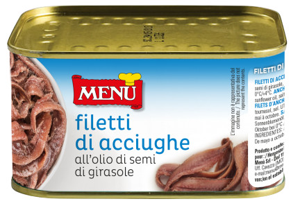 Filetti di Acciughe all’olio di semi di girasole - Anchovy fillets in sunflower seed oil Tin 600 g nt. wt. Drained 450 g