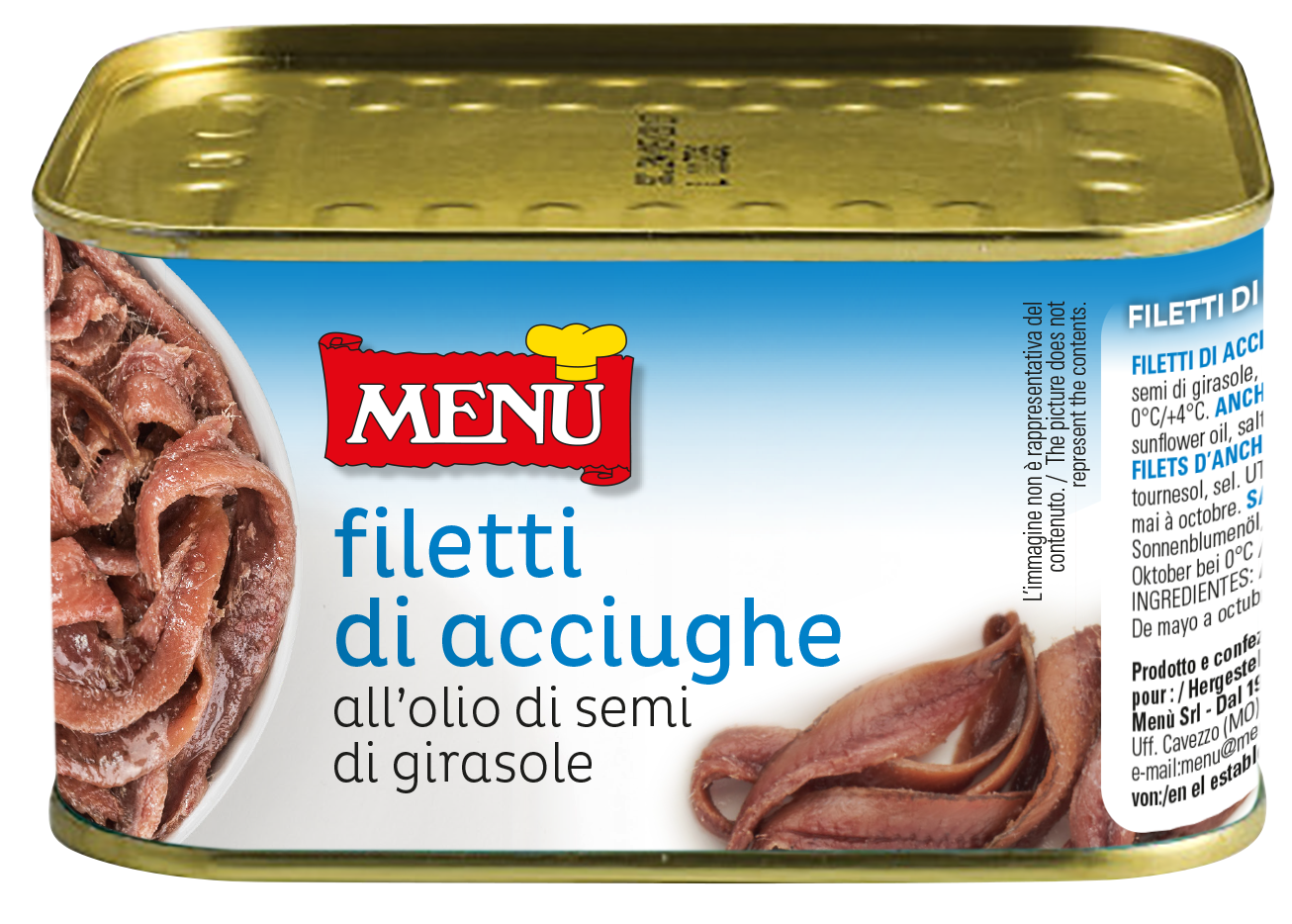 Filetti di Acciughe all’olio di semi di girasole - Anchovy fillets in sunflower seed oil Tin 600 g nt. wt. Drained 450 g