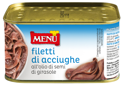 Filetti di Acciughe all’olio di semi di girasole Scat. 600 g pn. Sgocc. 450 g