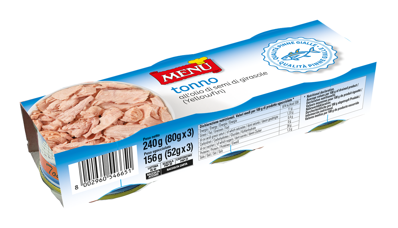 Tonno Yellowfin in olio di girasole  (Atún claro en aceite de girasol) Lata de 80 g p. n. Escurrido 52 g