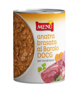 Anatra brasata al Barolo D.O.C.G. per condimenti (Pato braseado al vino Barolo D.O.C.G. para condimentar) Lata de 400 g p. n.