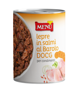 Lepre in salmì al Barolo D.O.C.G. per condimenti  - Jugged hare ragout with Barolo D.O.C.G. Tin 410 g nt. wt.