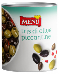 Tris di olive piccantine (Tris de aceitunas picantes) Lata de 780 g p. n.