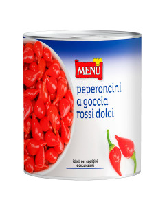 Peperoncini a goccia rossi dolci (Red sweet drop peppers) Tin 2930 g nt. wt. (drained 1200 g)