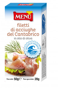 Filetti di Acciughe del Cantabrico - Cantabrian Anchovy fillets Single portion tin 50 g nt. wt. Drained 28 g