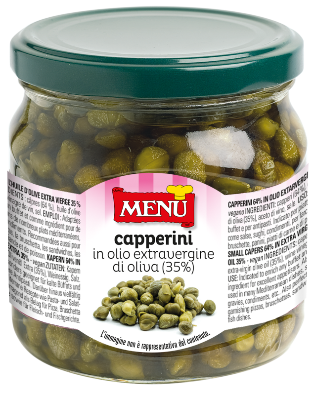 Capperini in olio extra vergine di oliva - Small Capers in Extra-virgin olive oil Glass jar 380 g nt. wt.