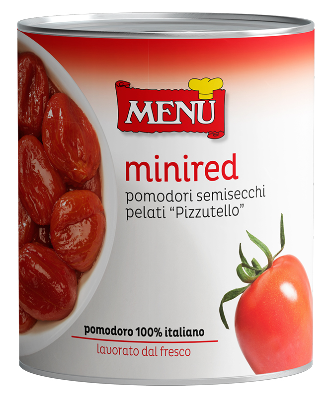 Mini Red Pomodori "Pizzutello" pelati semisecchi in olio - Mini Red Semi dried peeled "Pizzutello" tomatoes in oil Tin 800 g nt. wt.