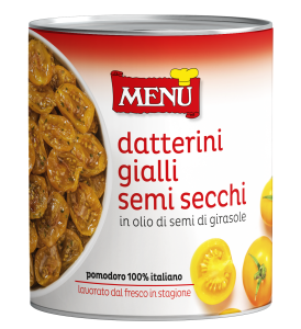 Datterini gialli semisecchi in olio di semi di girasole - Semi dried yellow grape tomatoes in sunflower seeds oil Tin 800 g nt. wt.