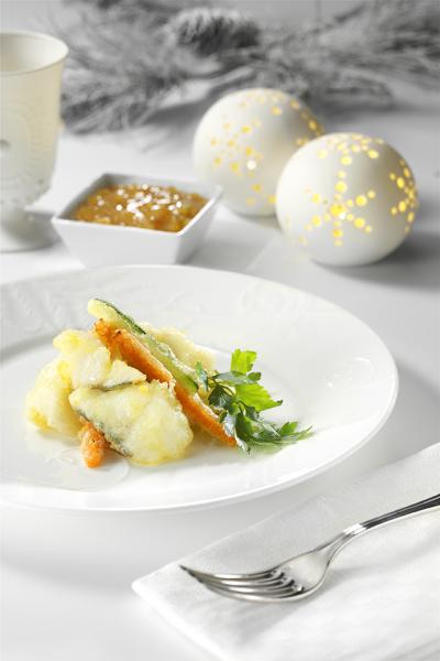 BACCALÀ IN TEMPURA CON VERDURINE E SALSARANCIA