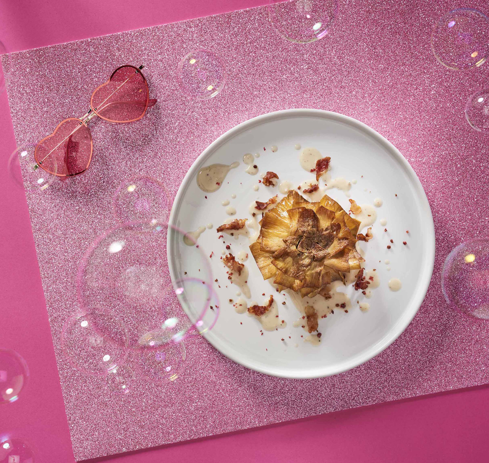 CARCIOFO FRITTO IN FONDUTA DI CACIO E PEPE