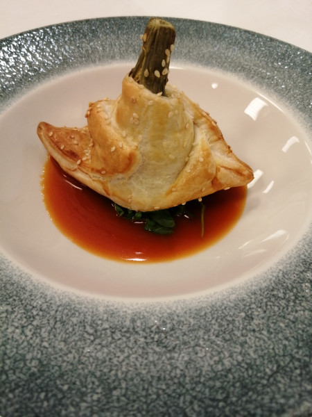 Puff Pastry wrapped Roman Artichoke Stuffed with Prawns,Ricotta and Ginger