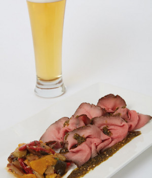 ROAST BEEF CARPACCIO WITH MUSTARD PESTO DRESSING AND MIXED GRILL