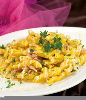 Casarecce pasta with guanciale and smoked scamorza