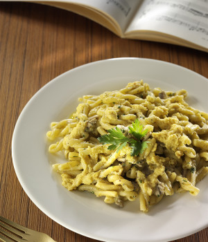 Casarecce pasta with anchovies, pistacchio and citrus pesto