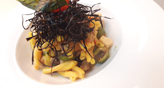 Casarecce pasta with swordfish, fried eggplant and castelvetrano olives