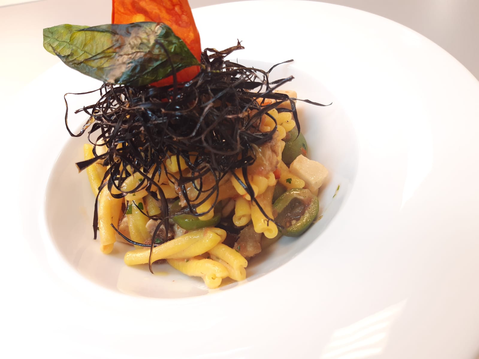 Casarecce pasta with swordfish, fried eggplant and castelvetrano olives