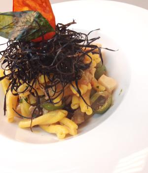 Casarecce pasta with swordfish, fried eggplant and castelvetrano olives