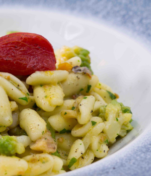 Cavatelli with rockfish, romanesco broccoli and yellow cherry tomatoes