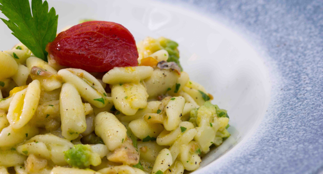 Cavatelli with rockfish, romanesco broccoli and yellow cherry tomatoes