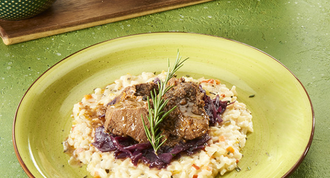 Wild Boar and Red Cabbage on vegetable risotto