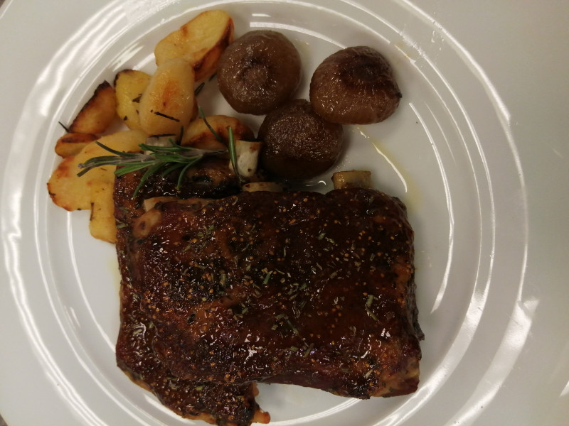 Fig glazed pork ribs with cipolline onions and rosemary potatoes