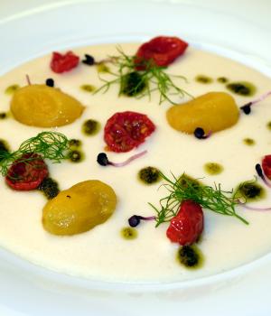 CREMA DI RISO CON DORATI, DATTERINI GIALLI E PESTO DI SENAPE