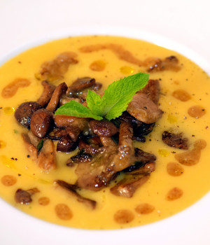 Pumpkin and Coconut  Soup with Walnuts and Mushrooms