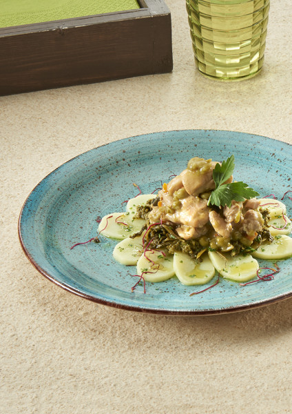 ÈPOLLOEPISELLI CON CARPACCIO DI PATATE LESSE E FRIARIELLI