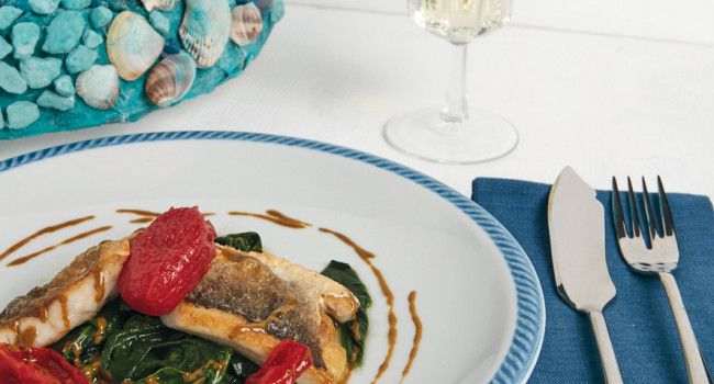 Bass fillet with chicche rosse on a bed of spinach