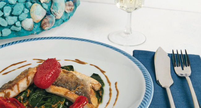 Bass fillet with chicche rosse on a bed of spinach