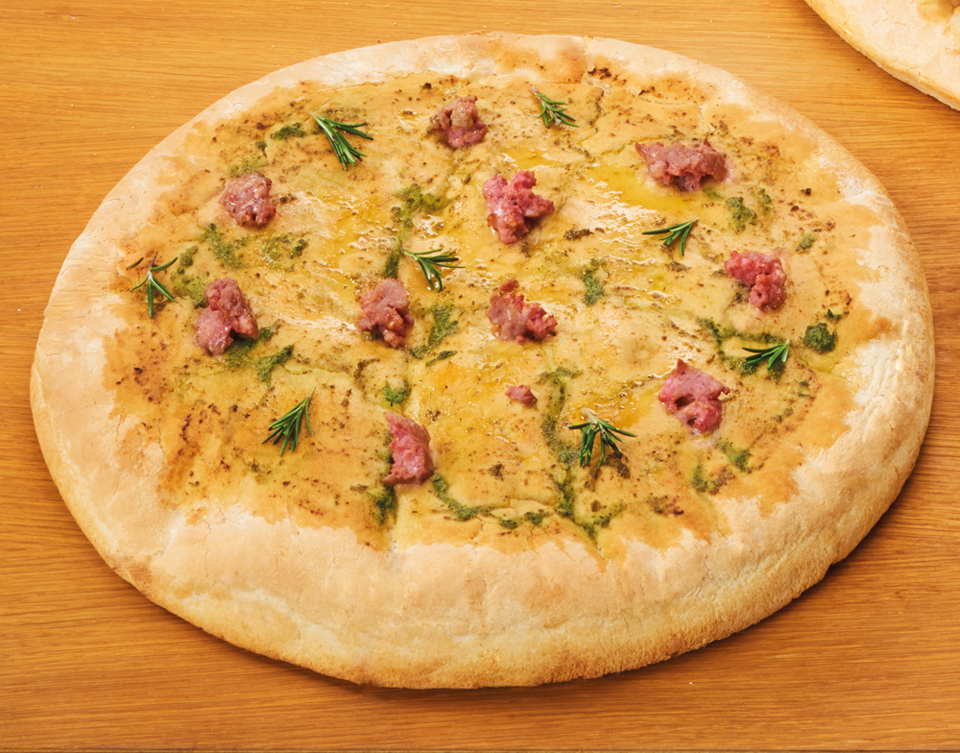 FOCACCIA WITH CREAMY ROSEMARY SAUCE AND SAUSAGE MEAT