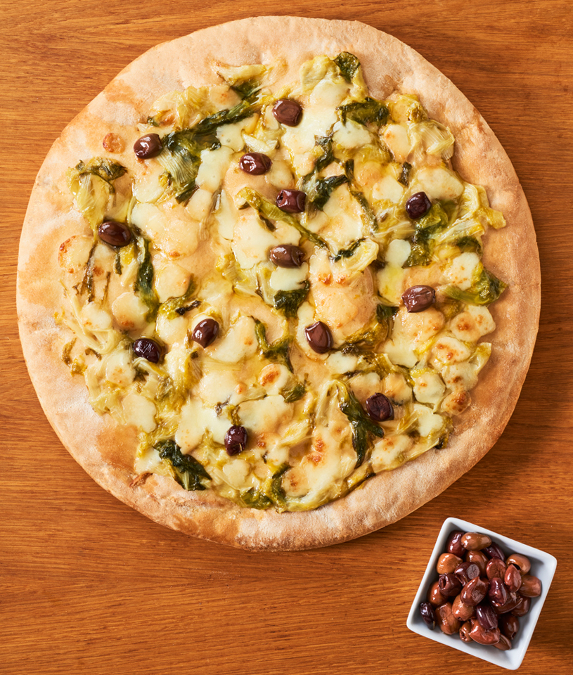 FOCACCIA WITH BRAISED ENDIVE, SCAMORZA CHEESE AND LECCINO OLIVES