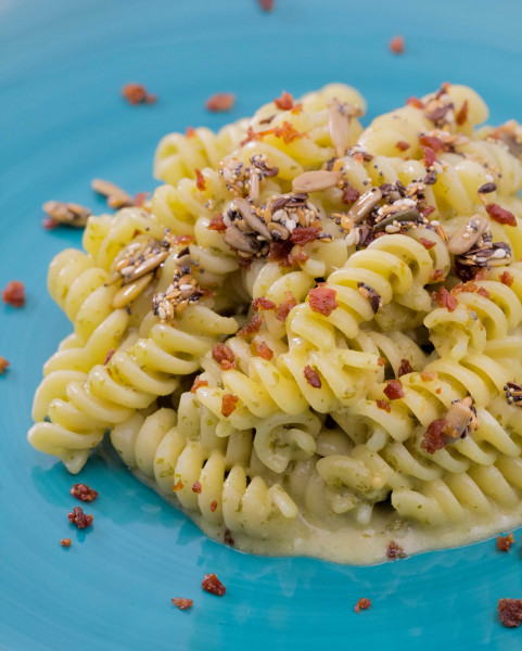Fusilli pasta with mustard pesto and cheese sauce