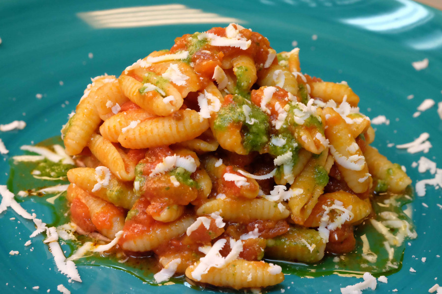 Malloreddus pasta with pomodorina and salted ricotta
