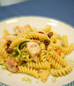Cold pasta salad with fusilli and seafood fantasy