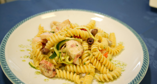 Cold pasta salad with fusilli and seafood fantasy