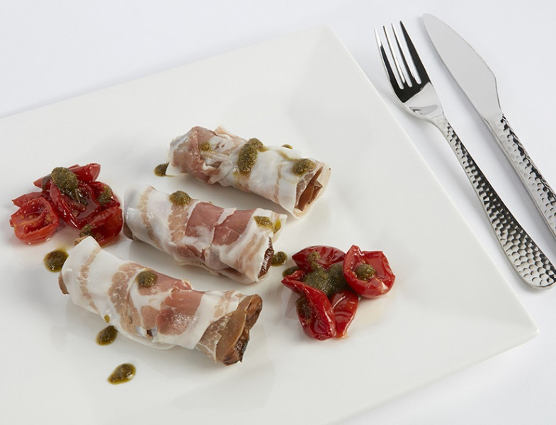 Eggplant roulade with basil pesto and dorati tomatoes