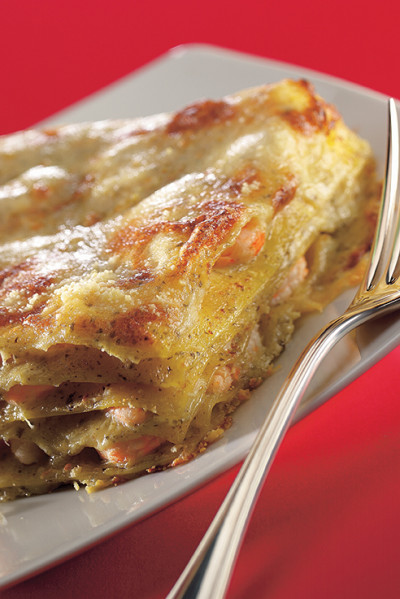 Lasagne al pesto e gamberetti