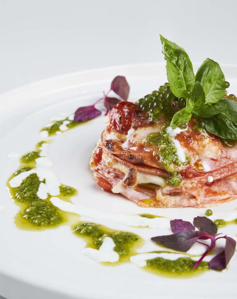 BEETROOT LASAGNA WITH GOAT CHEESE,  DATTERINI TOMATO SAUCE AND GENOVESE PESTO