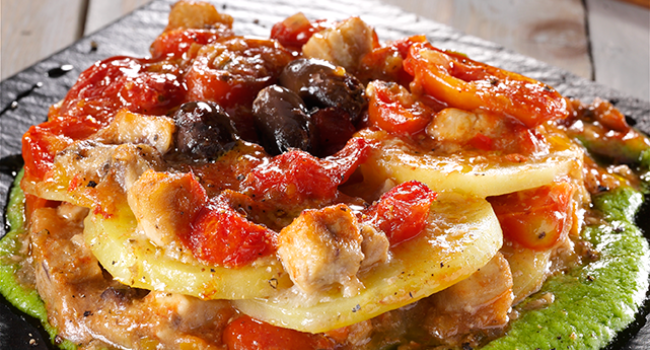 LASAGNETTE DI PATATE E PESCE SPADA CON COULIS DI PISELLI