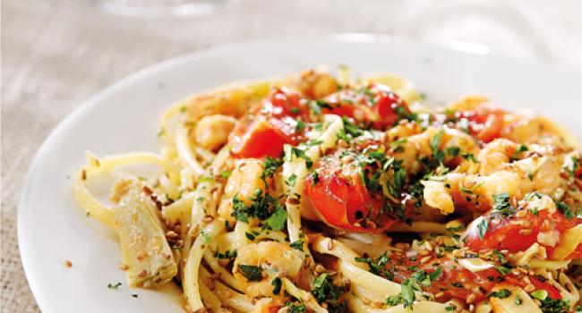 Linguine with artichokes and prawns