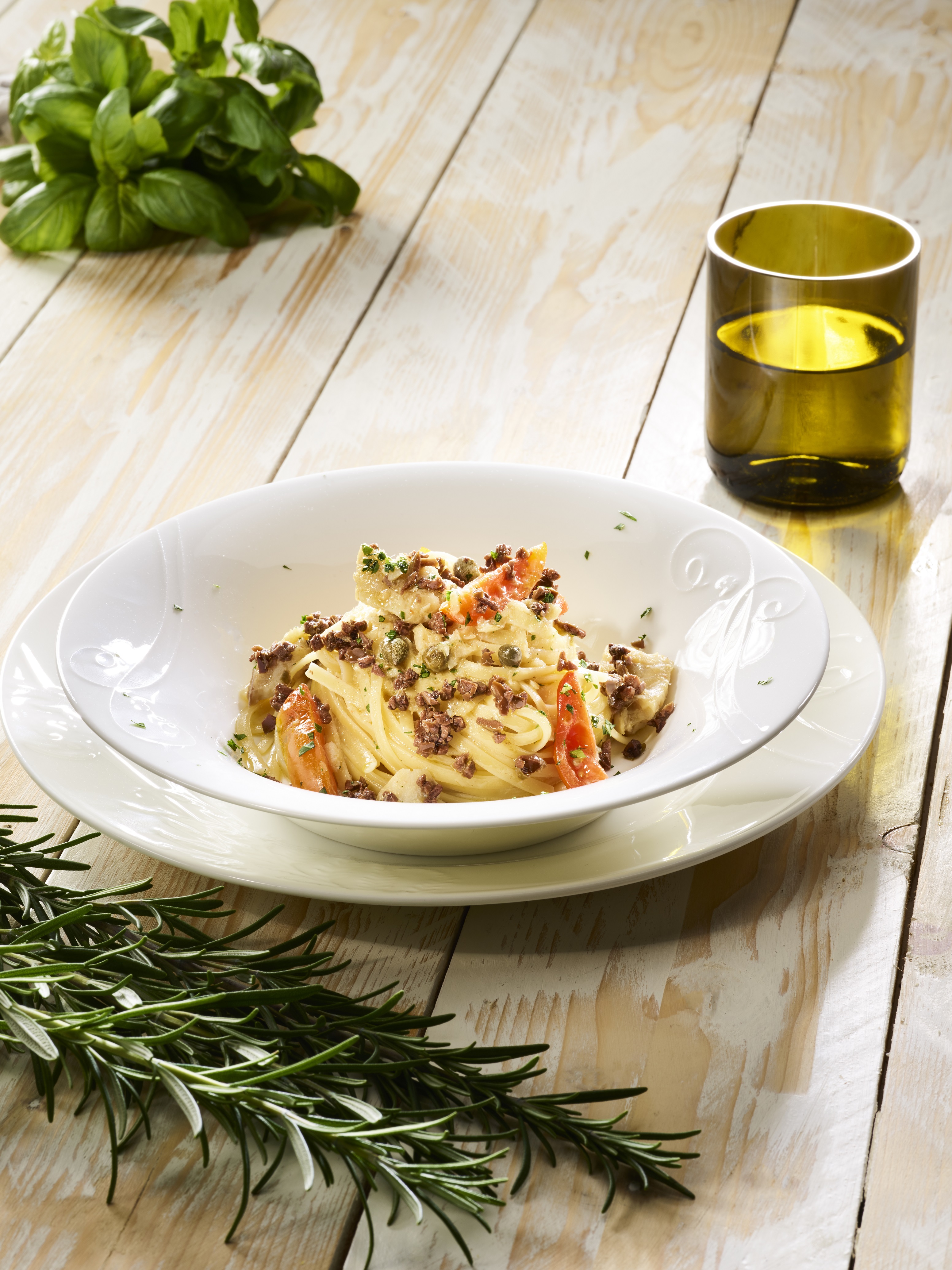 Linguine with Grouper Sauce, Cherry Tomatoes, Tapenade Sauce with Leccino Olive and Small Capers